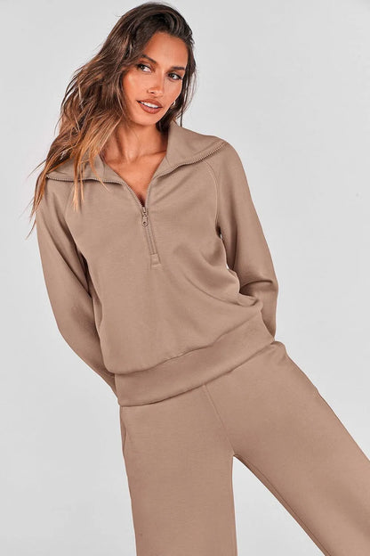 Women's 2 Piece Outfits Casual Lapel Half Zip Sweatshirts And Wide Leg Pants Tracksuit Sets