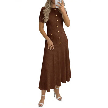 Womens Midi Dress Summer Casual Short Sleeve Crewneck Button Decor