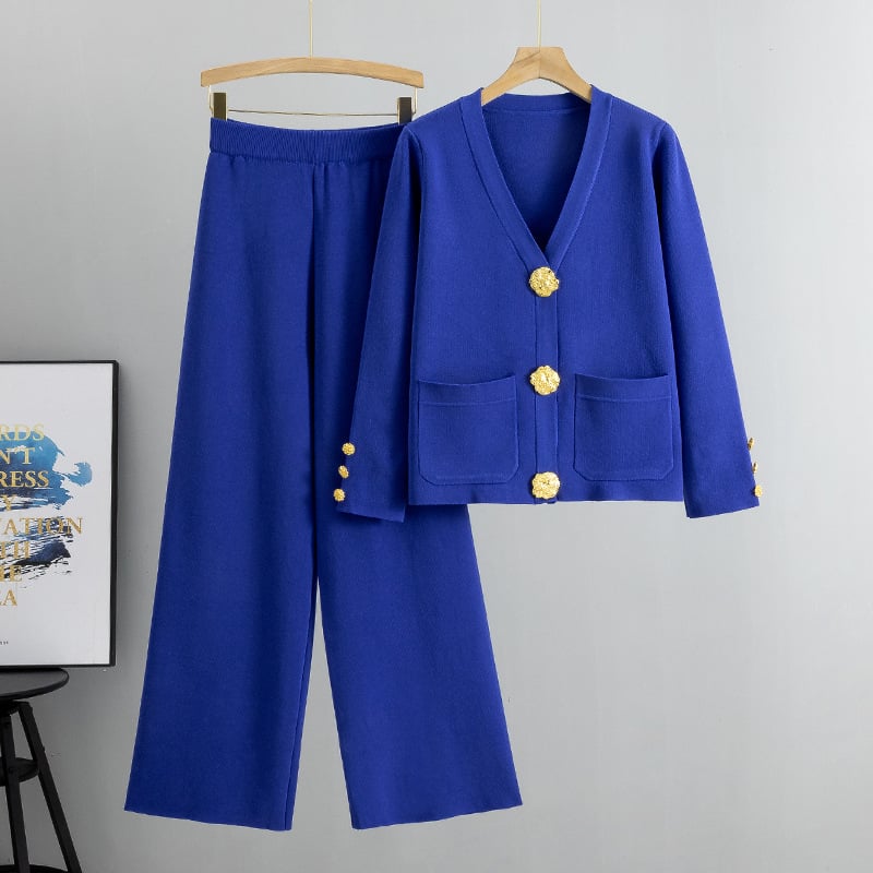 Imsgurus💓Fashion Metal Button Knit Wool Sweater Wide Leg Pants Set