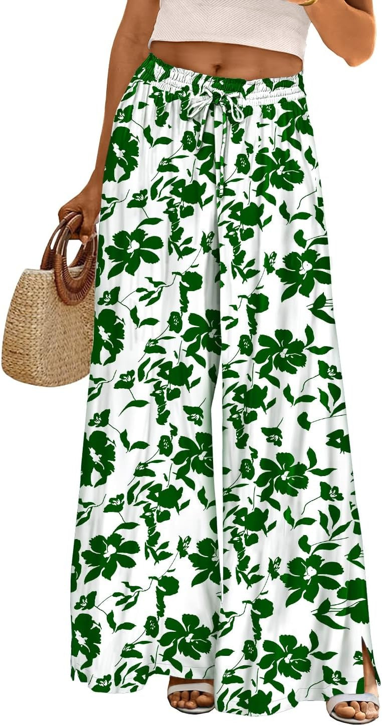 Women Summer Flowy Wide Leg Pants Drawstring Elastic Waist Casual Lounge Beach Palazzo Trouser with Pockets
