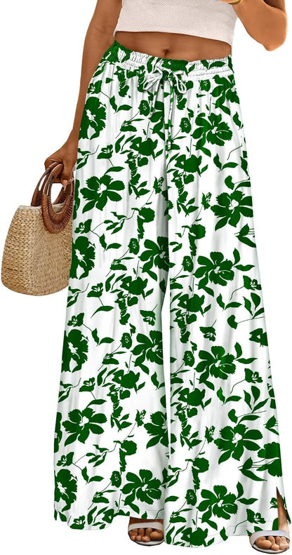 Women Summer Flowy Wide Leg Pants Drawstring Elastic Waist Casual Lounge Beach Palazzo Trouser with Pockets