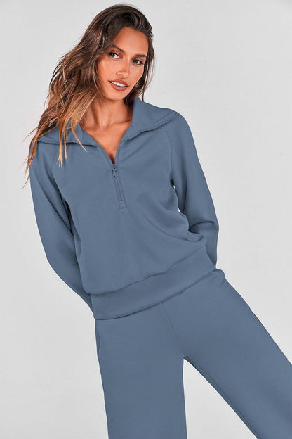 Women's Outfits Casual Lapel Half Zip Sweatshirts And Wide Leg Pants Tracksuit Sets