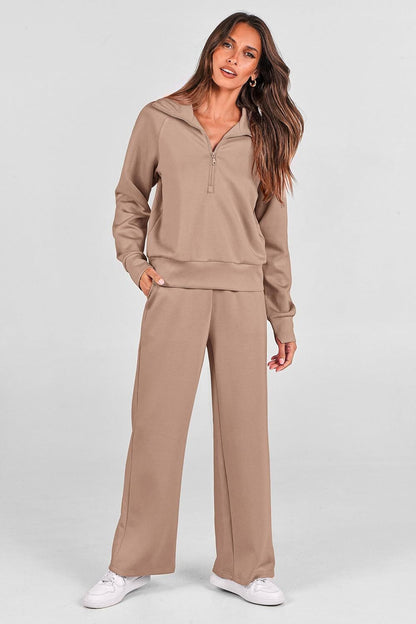 Women's Outfits Casual Lapel Half Zip Sweatshirts And Wide Leg Pants Tracksuit Sets