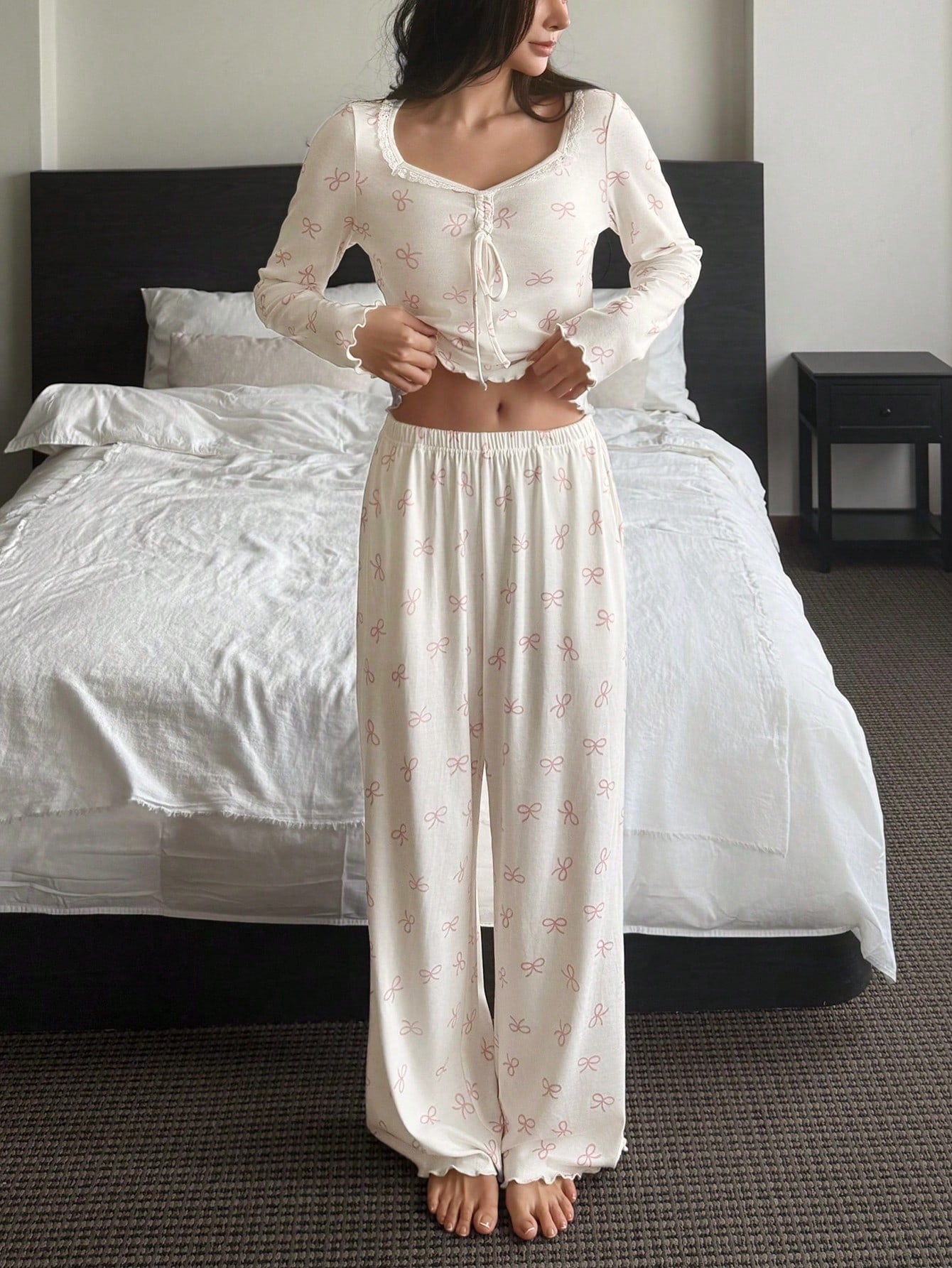 Women's Bow Print Long-Sleeve Lounge Pajama Set