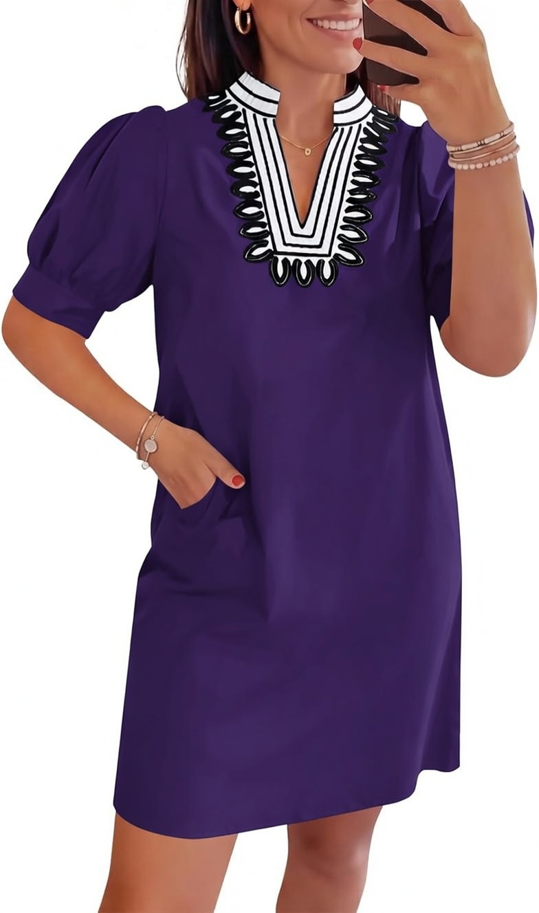 Womens Summer V Neck Shift Dresses Puff Short Sleeve Casual Dress