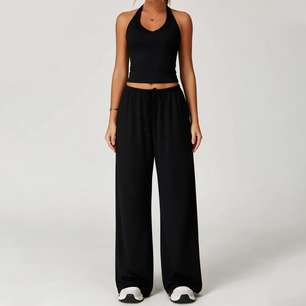 Women's Quick-Drying Athleisure Outfits - Adjustable V-Neck Strappy Top & Wide Leg Pants
