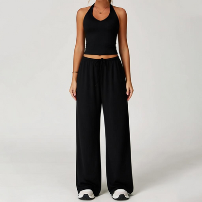 Women's Quick-Drying Athleisure Outfits - Adjustable V-Neck Strappy Top & Wide Leg Pants