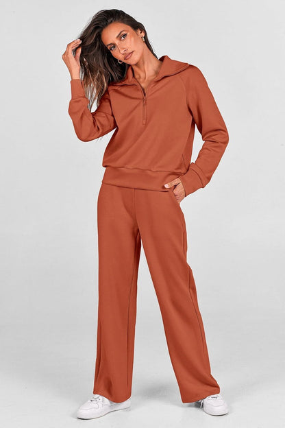 Women's Outfits Casual Lapel Half Zip Sweatshirts And Wide Leg Pants Tracksuit Sets