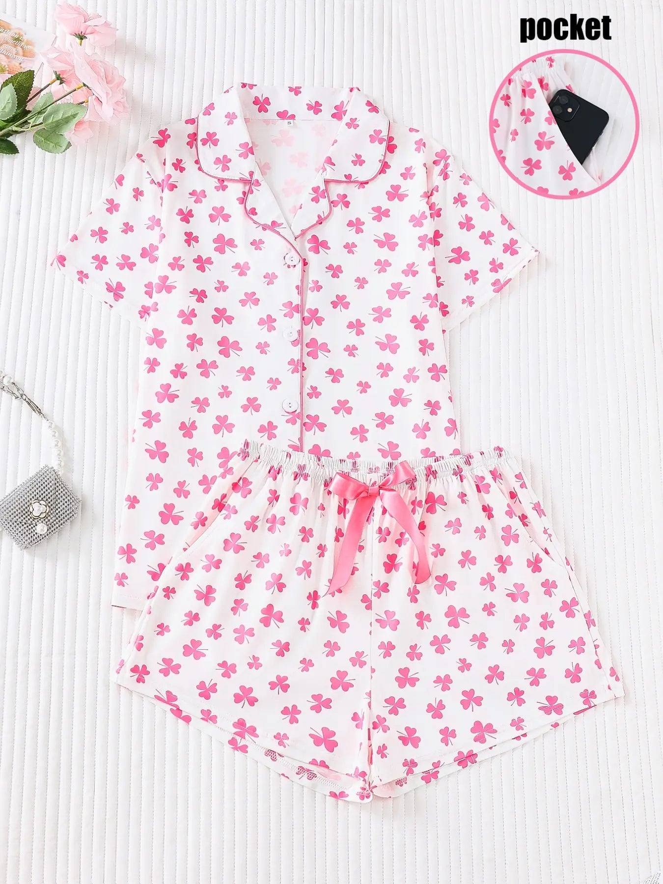 Women's Bow Full-Print Design Two-Piece Sleepwear Set