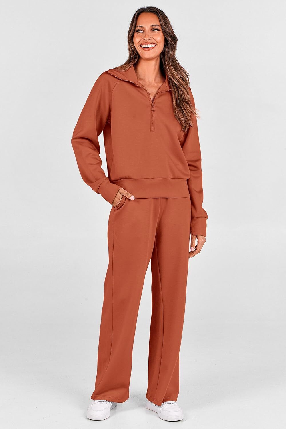 Women's Outfits Casual Lapel Half Zip Sweatshirts And Wide Leg Pants Tracksuit Sets