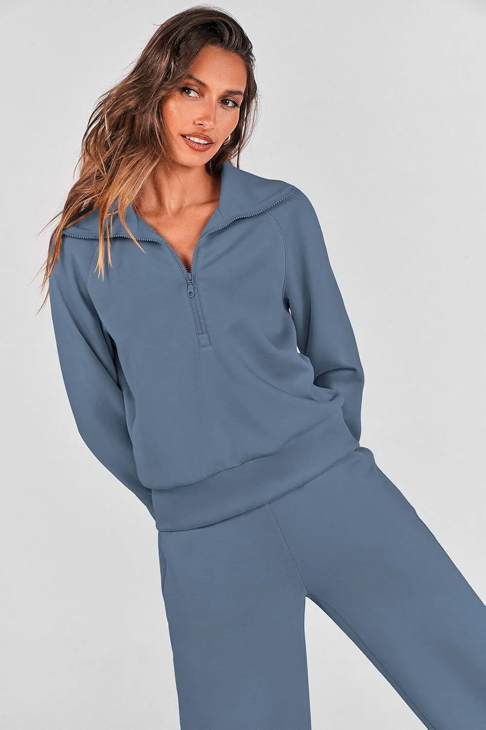 Women's 2 Piece Outfits Casual Lapel Half Zip Sweatshirts And Wide Leg Pants Tracksuit Sets