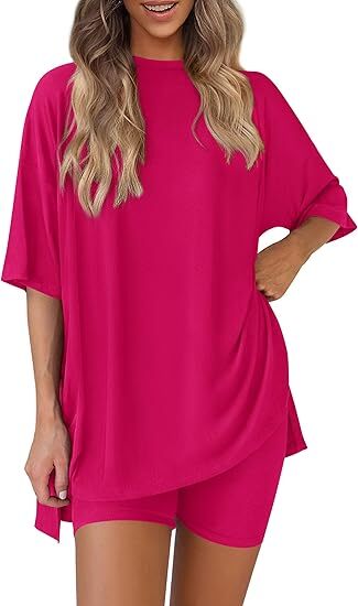 🔥Women's Two Piece Lounge Set Summer Casual Oversized Shirts Biker Shorts Matching Airport Travel Outfit