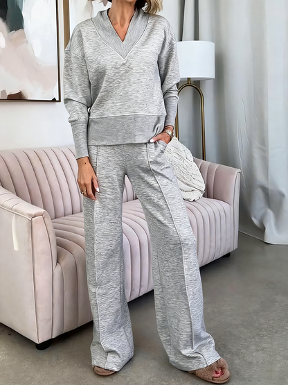 Solid Color Casual Large V-Neck Top & Pants Set