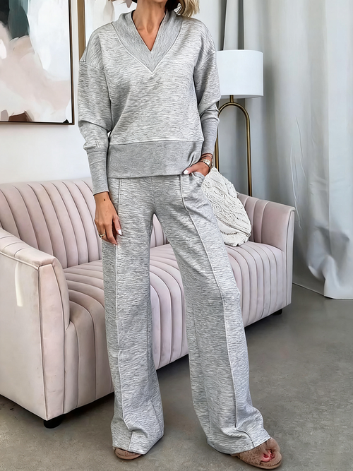 Solid Color Casual Large V-Neck Top & Pants Set
