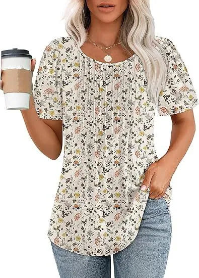 Women's T Shirts Short Sleeve Pleated Dressy Casual Scooped Neck Summer Tops Blouses