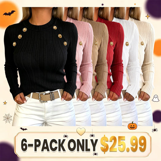 Women's Gold Button Crew Neck Textured Knit Long Sleeve Top
