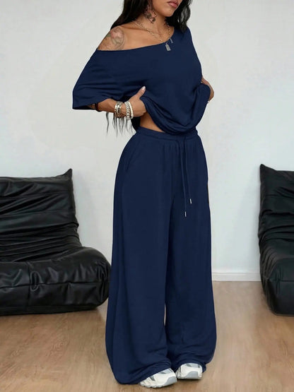 Loose Baggy Off Shoulder T-Shirt And Wide Leg Pants Two Pieces Outfits