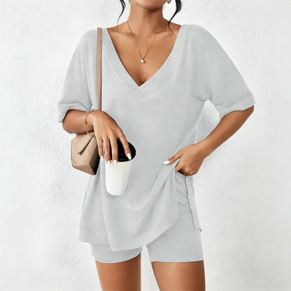 V-neck Two-Piece Pajama Set For Women Summer Casual Oversized Split Hem Shirts
