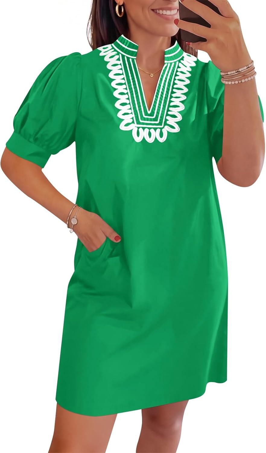 Womens Summer V Neck Shift Dresses Puff Short Sleeve Casual Dress