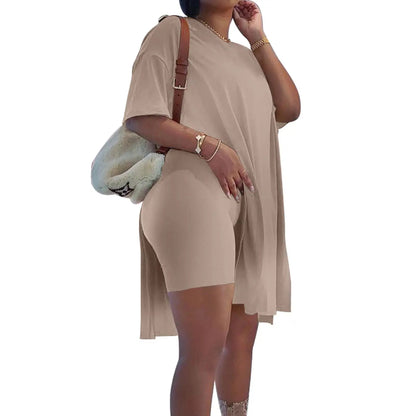 Plus Size Summer Outfit Side Slit Tunic Top & Biker Shorts Set