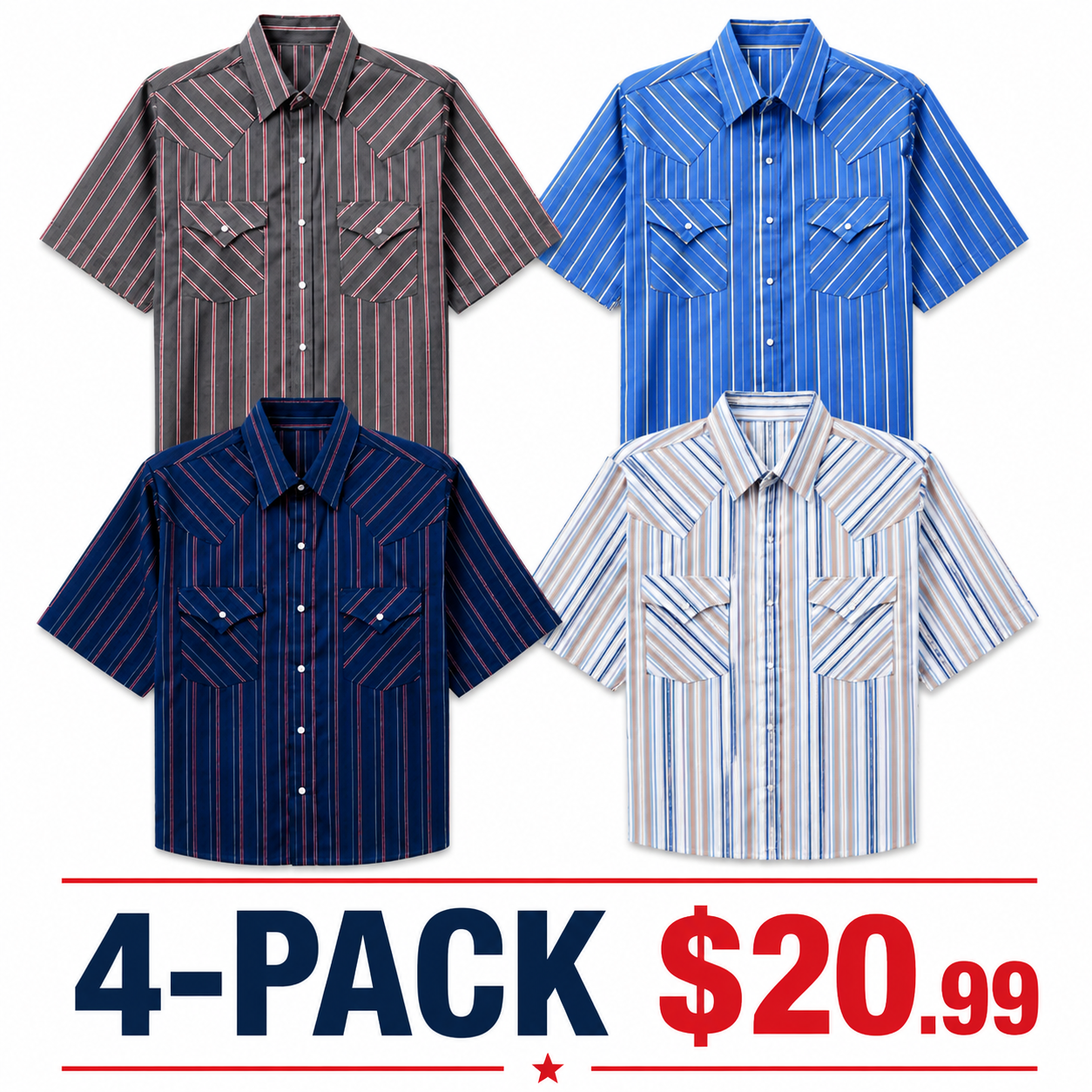 Men's Western Stripe Snap Shirt with Pocket - Short Sleeve Casual Cowboy Shirt