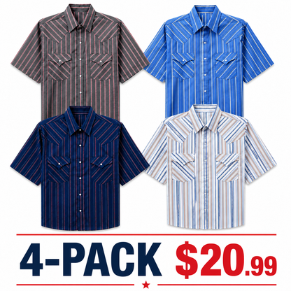 Men's Western Stripe Snap Shirt with Pocket - Short Sleeve Casual Cowboy Shirt