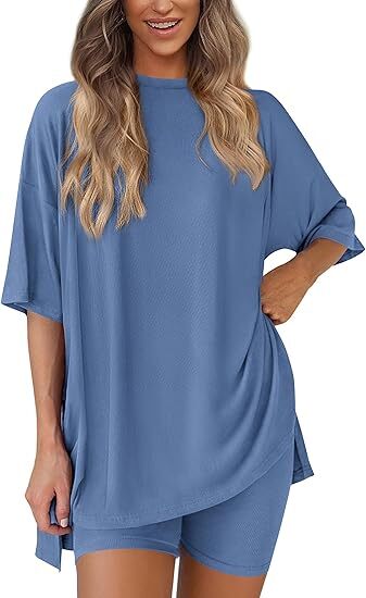 🔥Women's Two Piece Lounge Set Summer Casual Oversized Shirts Biker Shorts Matching Airport Travel Outfit