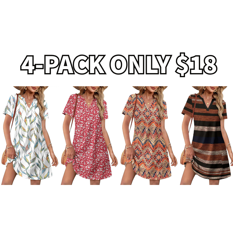 Women's 2026 Casual Summer V Neck Short Sleeve Dress Beach Vacation Outfit