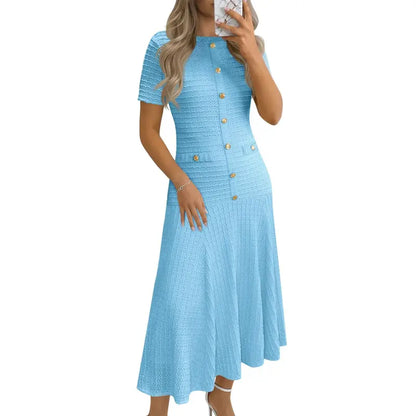 Womens Midi Dress Summer Casual Short Sleeve Crewneck Button Decor