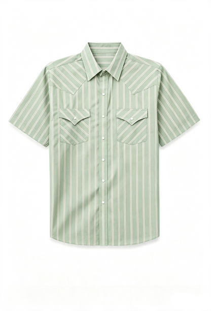 Men's Western Stripe Snap Shirt with Pocket - Short Sleeve Casual Cowboy Shirt