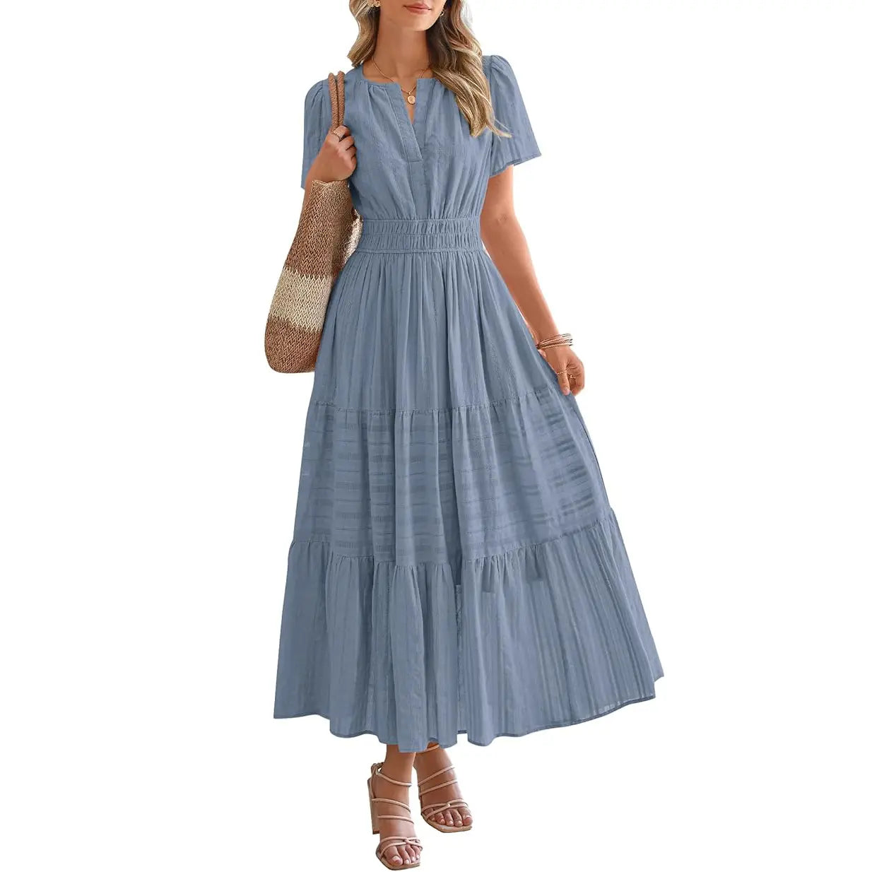 Women's Summer 2026 Casual Maxi Dress Lightweight Short Sleeve V Neck Boho Dress with Pockets