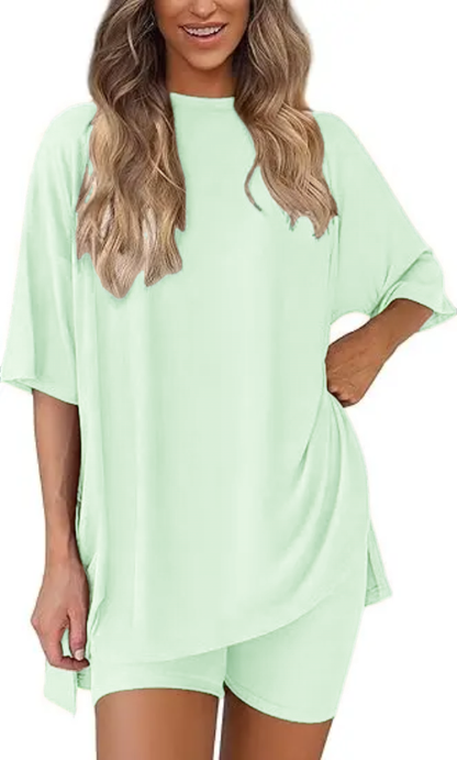 🔥Women's Two Piece Lounge Set Summer Casual Oversized Shirts Biker Shorts Matching Airport Travel Outfit