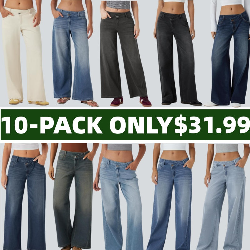 🔥5 Pack-Women's  Asymmetric Low Rise Zipper Pockets Baggy Wide Leg Washed Casual Jeans