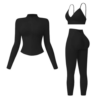 Women's Solid Criss Cross Crop Tank Top & High Waist Leggings & Zip Up Crop Jacket Tracksuit Set