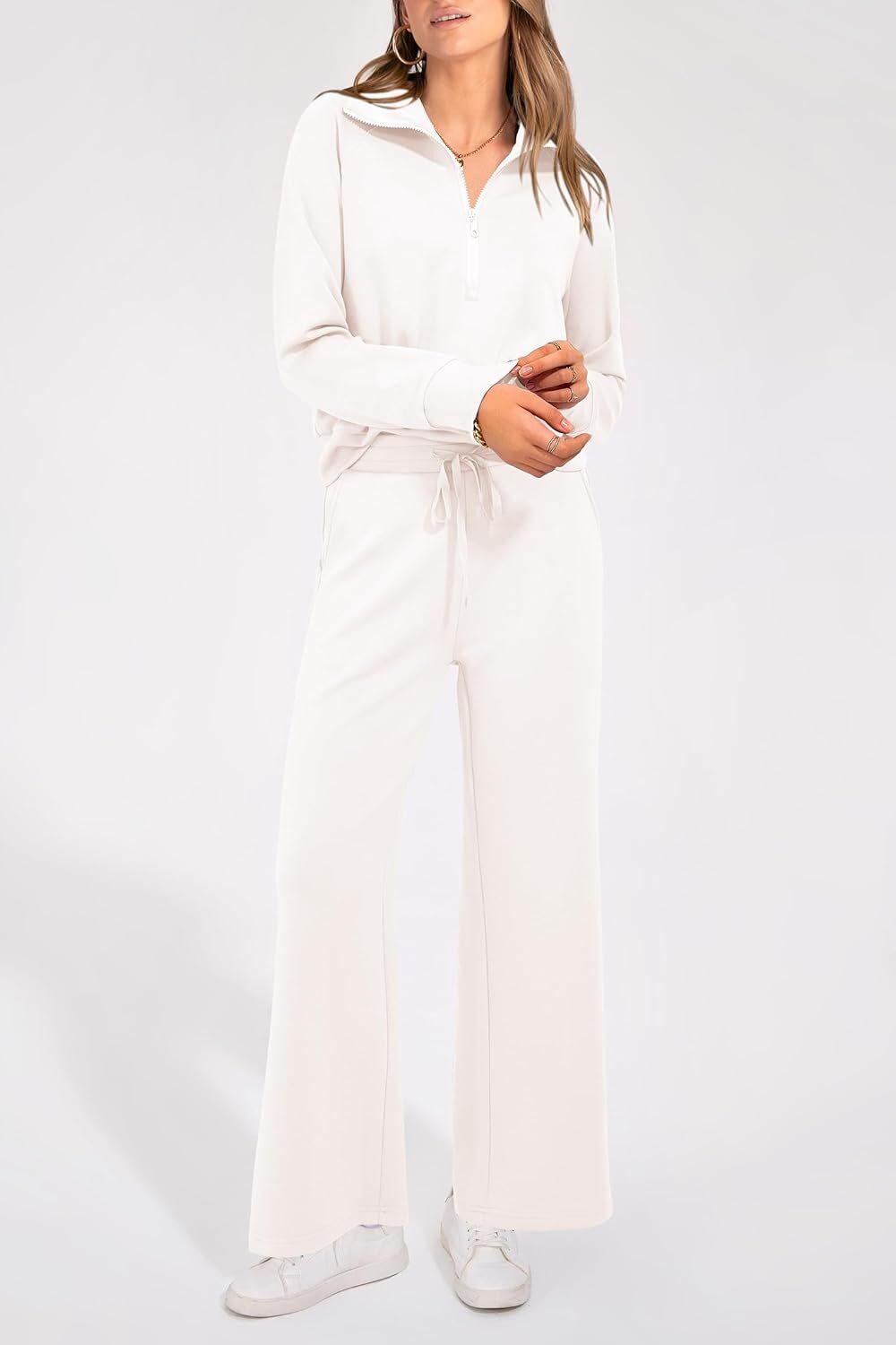 Women's Outfits Casual Lapel Half Zip Sweatshirts And Wide Leg Pants Tracksuit Sets