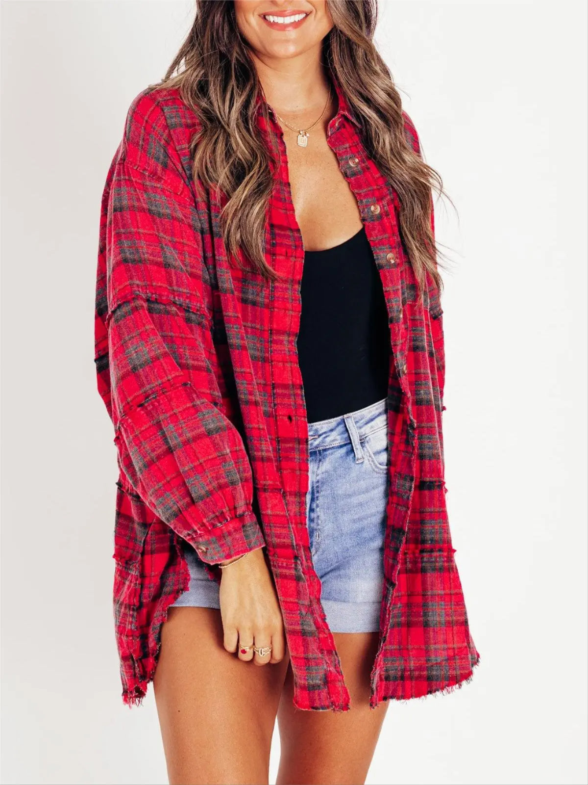 ⏰Hot Sale-Women's Seams Raw Edge Washed Oversized Shirt Jacket with Pockets 🔥New arrivals at special price🔥