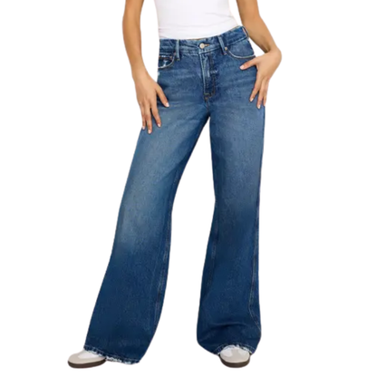 Women's High Waisted Frayed Hem Wide Leg Jeans