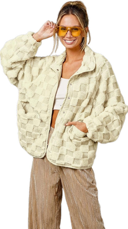 ⏰Final 2-Hour Clearance⚡ Chouyatou Women’s Winter Sherpa Jacket, Casual Contrast Plaid Faux Fur Coat, Loose Fit Plush Oversized Warm Outerwear