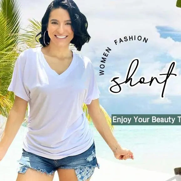 Last day discount🔥🔥Womens Short Sleeve V Neck Dolman Tops with Side Shirring