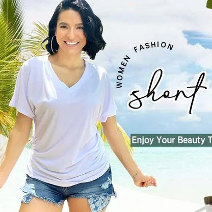 Last day discount🔥🔥Womens Short Sleeve V Neck Dolman Tops with Side Shirring
