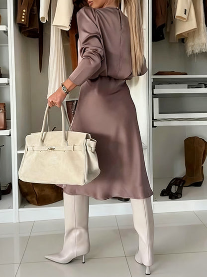 Silky Satin Long-Sleeved V-Neck And Skirt Suit