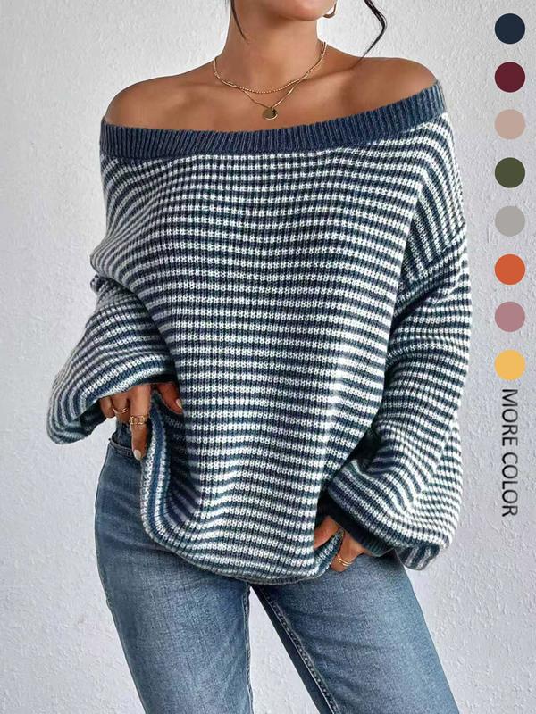 Women's Striped Drop Shoulder Sweater, Casual Bishop Sleeve Boat Neck Jumper for Daily Outdoor Wear, Ladies Knitwear for All Seasons, Womenswear, Tops