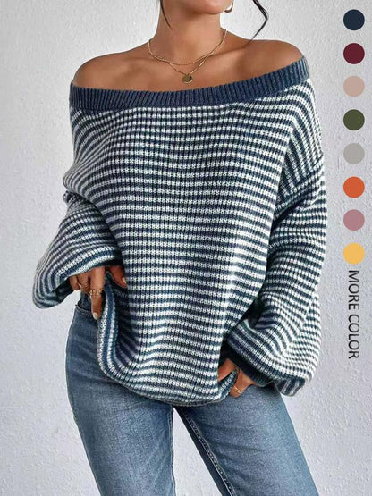 Women's Striped Drop Shoulder Sweater, Casual Bishop Sleeve Boat Neck Jumper for Daily Outdoor Wear, Ladies Knitwear for All Seasons, Womenswear, Tops