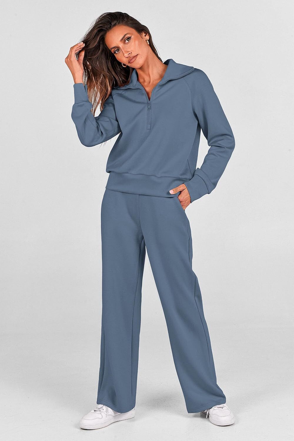 Women's Outfits Casual Lapel Half Zip Sweatshirts And Wide Leg Pants Tracksuit Sets