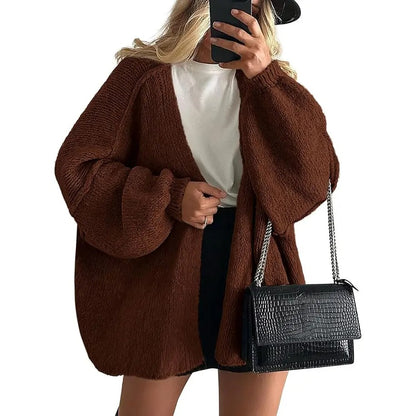 Women's Oversized Open Front Cardigan Sweater Fall Long Lantern Sleeve Lightweight Casual Knit Tops