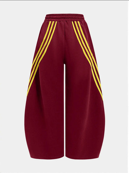 Women's Retro Three Stripes Colorblock Wide Leg Pants Casual Waist Tie Long Pants