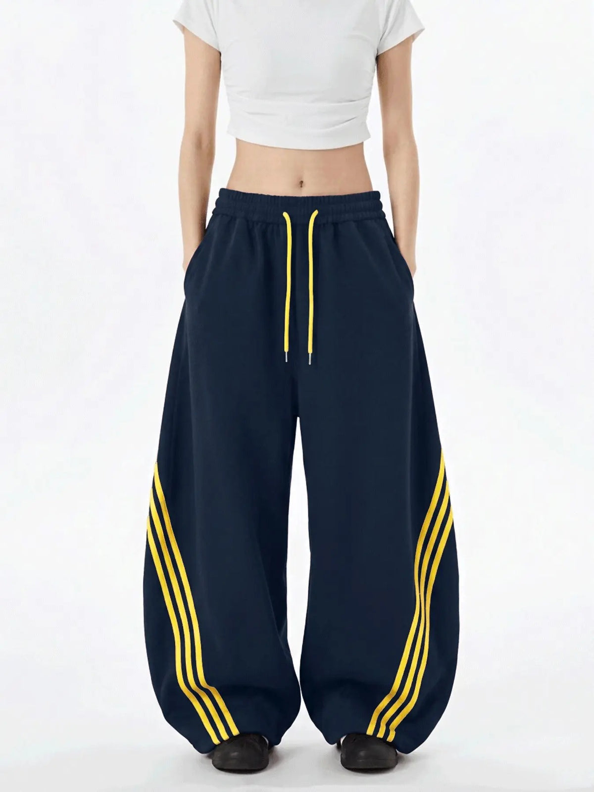 Women's Retro Three Stripes Colorblock Wide Leg Pants Casual Waist Tie Long Pants