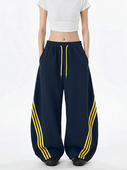 Women's Retro Three Stripes Colorblock Wide Leg Pants Casual Waist Tie Long Pants
