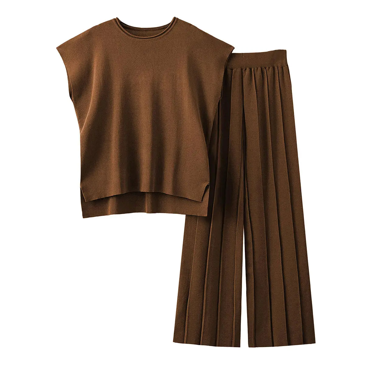 Women Two Piece Outfits Knit Cap Sleeve Tops Wide Leg Pleated Pants