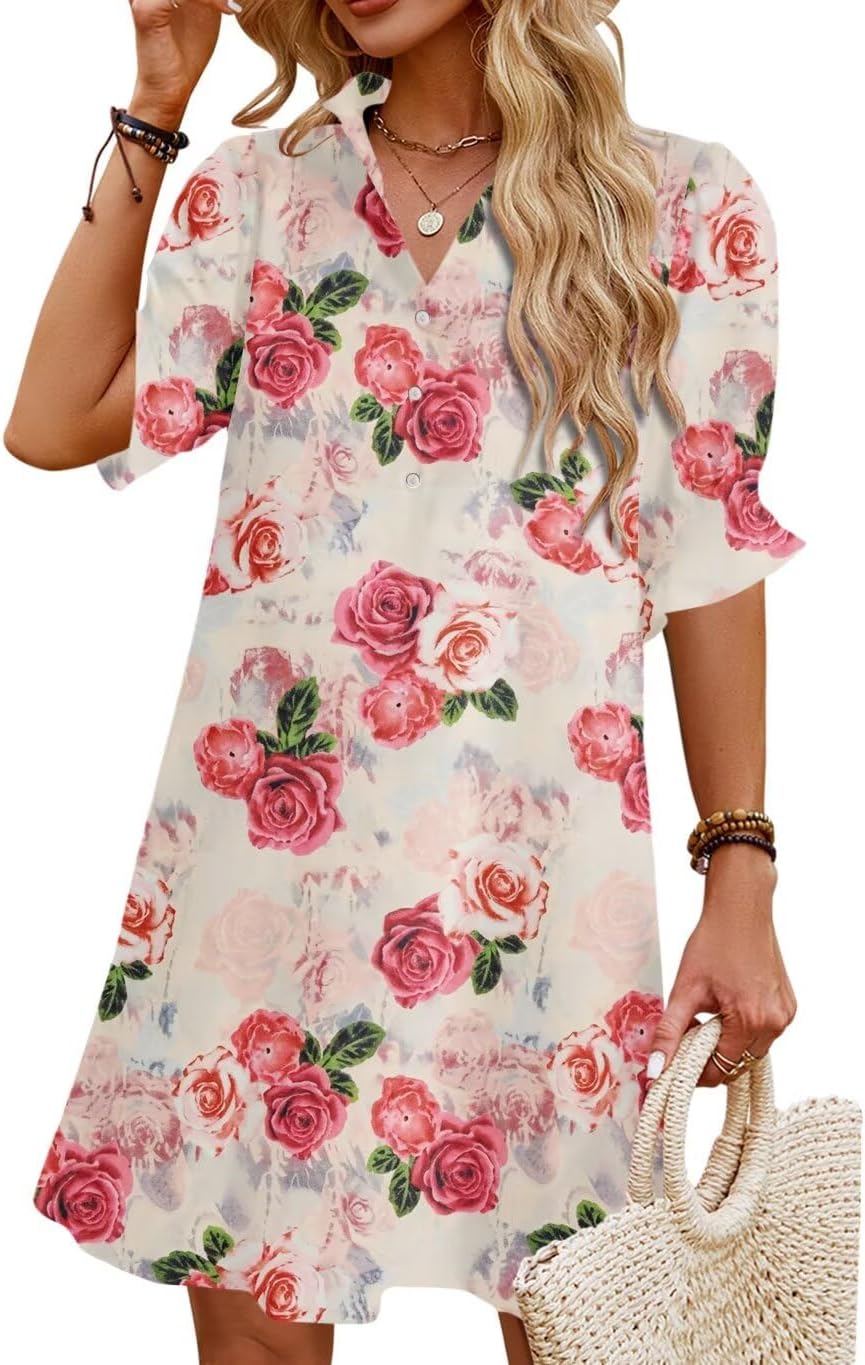 Womens Summer Shirt Mini Dresses with Pockets